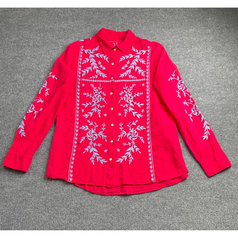 Johnny Was 3J Workshop Shirt Womens Medium Red Embroidered Cotton Button Down